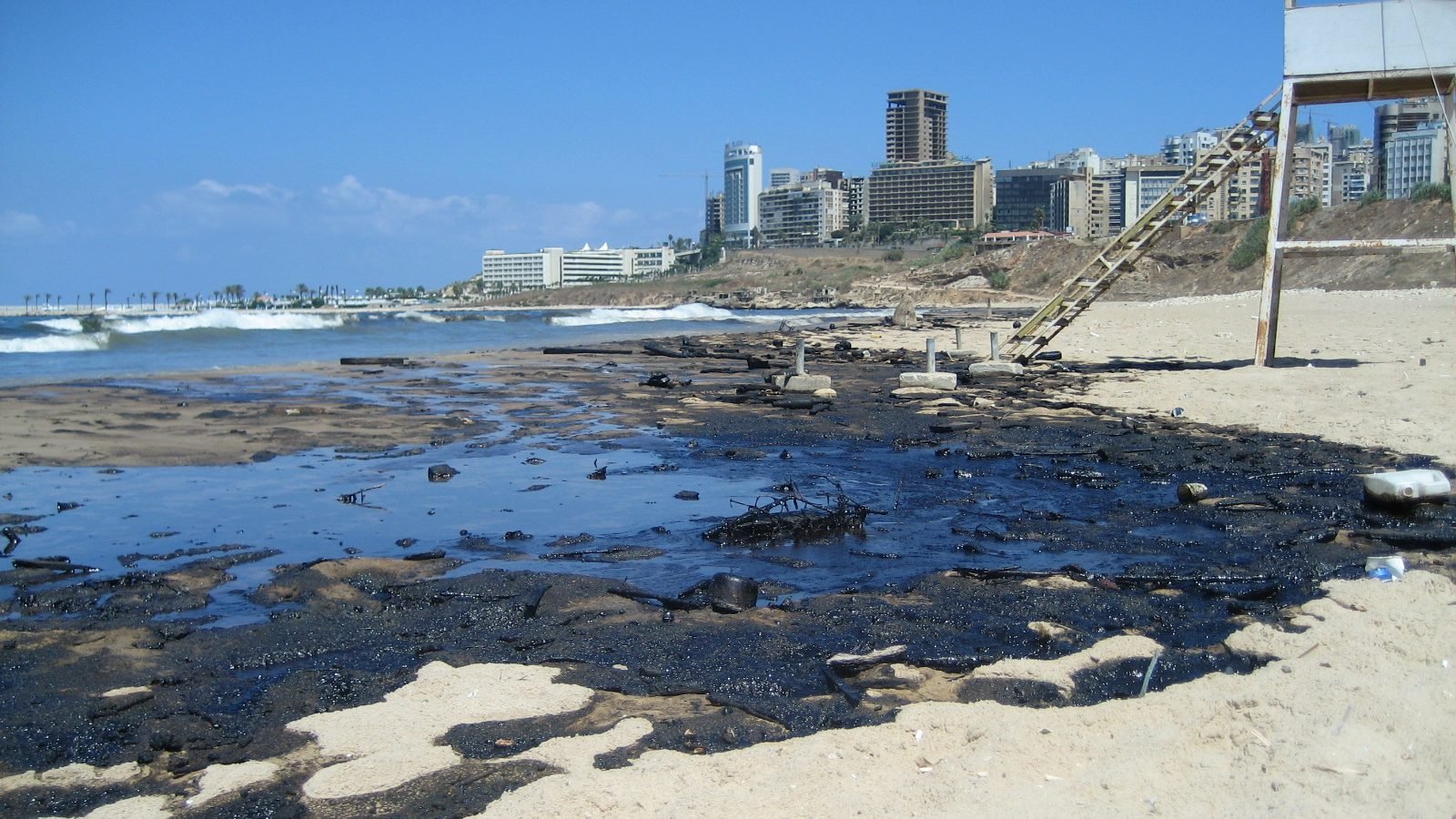 Oil washed up along a Lebanese beach