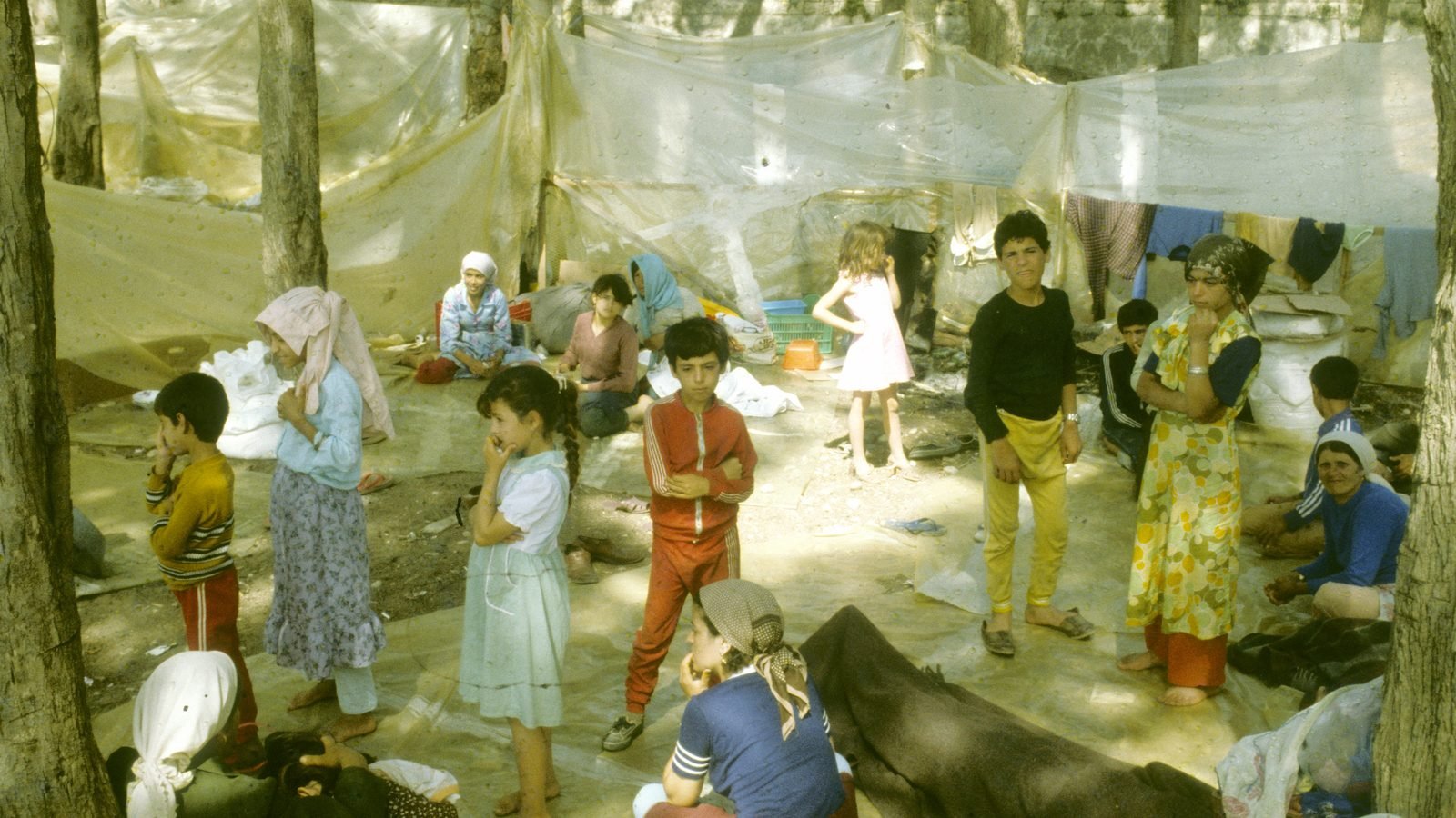 Shelters and washing lines in a Palestinian refugee camp in southern Lebanon